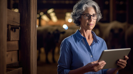 Mature woman focusing on a tablet inside a barn with cows in the background, depicting modern farming management.
