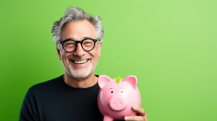 Smiling middle age man holding a piggybank
