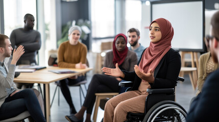 Fototapeta na wymiar Meeting in an accessible office environment where a woman in a wheelchair and wearing a hijab is actively participating and engaging with her colleagues.