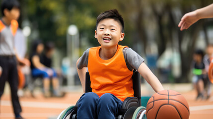 Smiling boy in a wheelchair playing a basketball on an outdoor court. - obrazy, fototapety, plakaty