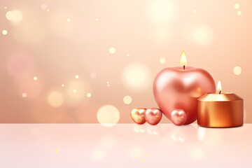 Heart shaped candles on blurred pink background with golden lights. Symbol of love. Valentine's day...