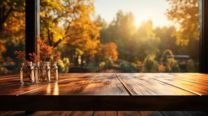 Wandaufkleber Wooden table blur background of lake with rustic view  mountain autumn forest Exuberant image Landscape Scene_ AI Generated © S-Rika