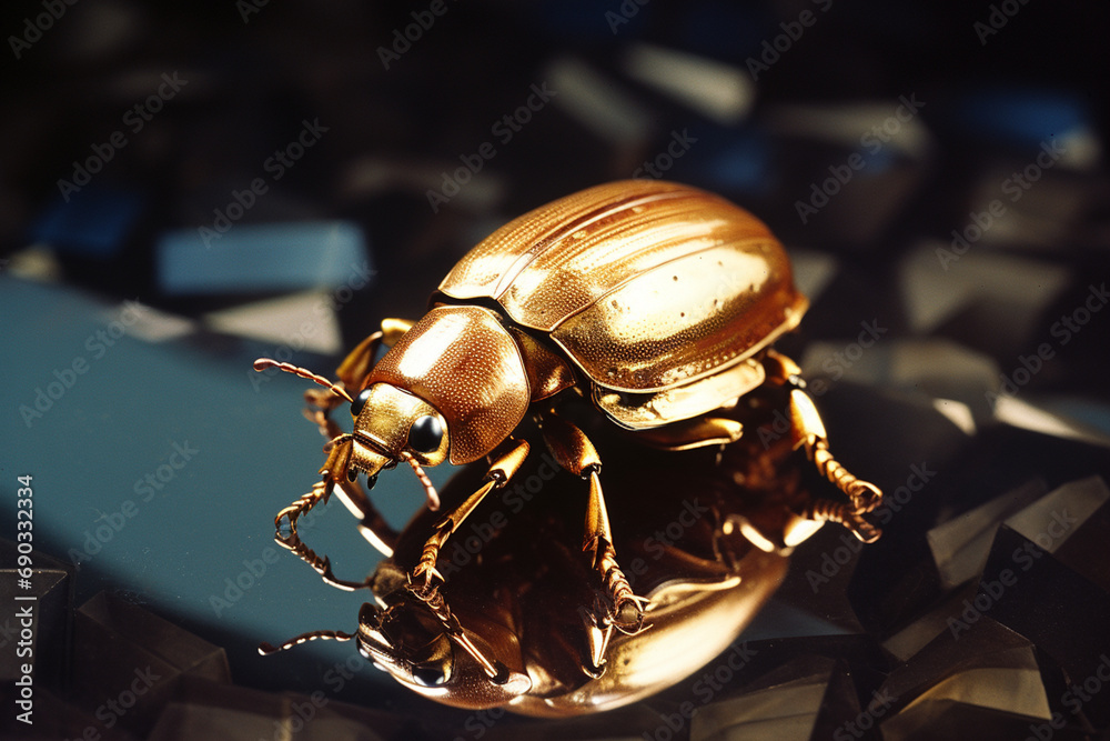 Poster a beetle with a shell made of gold.