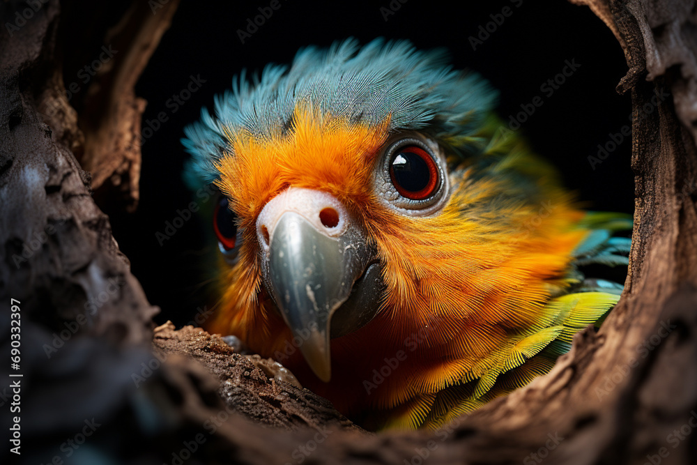 Fototapete a curious parrot peeking out from a hole in a tree trunk, its multicolored feathers camouflaging it 