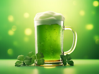 Green Saint Patrick Day craft lager beer in beer mug glass.