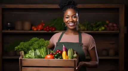 Female farmer holds a wooden box of fresh vegetables