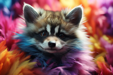 A raccoon with fur made of rainbows.