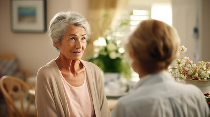 Senior woman talking to nursing home physicin, telling complains and health issues. Mental health concept