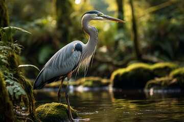 Obraz premium A graceful Heron standing in a shallow rainforest stream, its long neck elegantly curved as it searches for fish.