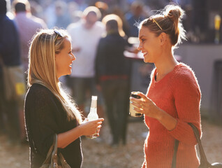 Women, beer outdoor or music festival in park or nature for celebration, discussion or group...