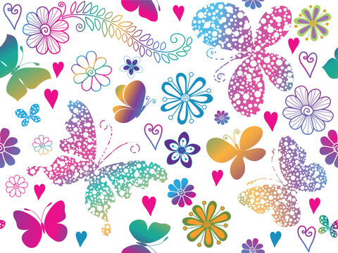 Vector Valentine seamless gradient pattern with hearts and butterflies on transparent background.
