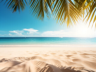 Fototapeta na wymiar Summer Banner. Sunny Sand With Palm Leaves In Tropical Beach with copy space