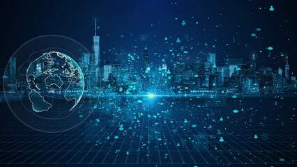 4K Modern city scape Wireless network connection technology concept. social media networking systems 5G digital connection and internet of things, cloud computing data center, Digital transformation - Powered by Adobe