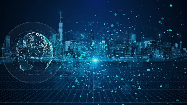 4K Modern city scape Wireless network connection technology concept. social media networking systems 5G digital connection and internet of things, cloud computing data center, Digital transformation