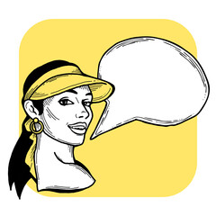 Beautiful young woman talk. Empty speech bubble for sale promotion, text background, quotes. Hand drawn illustration, cartoon comic style.