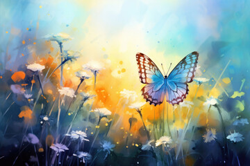 Fototapeta na wymiar Watercolor butterfly on wildflowers in spring
