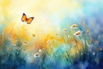 Obraz na płótnie Canvas Watercolor butterfly on wildflowers in spring