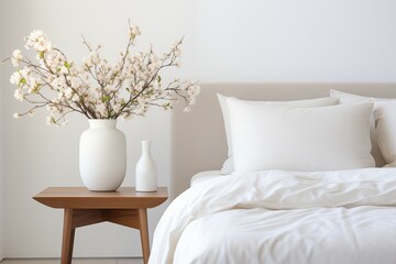 White Bed, Sleek Bedside Table, and a Single White Vase. Minimalist Tranquility
