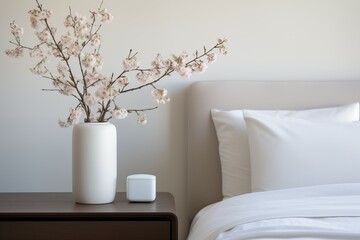 White Bed, Sleek Bedside Table, and a Single White Vase. Minimalist Tranquility