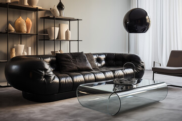 Monochrome Elegance. Black Leather Sofa and Glass Coffee Table