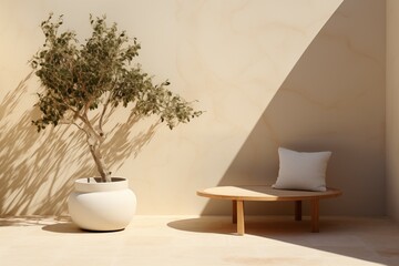 Simple Oasis. Serene Patio with Minimalist Furniture and Solitary Potted Plant