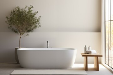 Fototapeta na wymiar Sleek Sanctuary. Minimalist Bathroom with Freestanding Tub and Single Plant