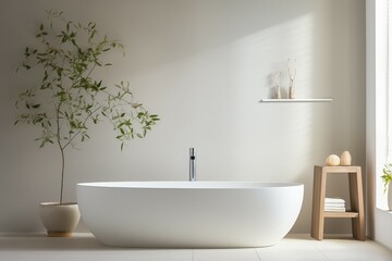 Fototapeta na wymiar Sleek Sanctuary. Minimalist Bathroom with Freestanding Tub and Single Plant