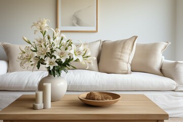 Tranquil Retreat. Neutral-Toned Sofa and Wooden Coffee Table with a Single Plant
