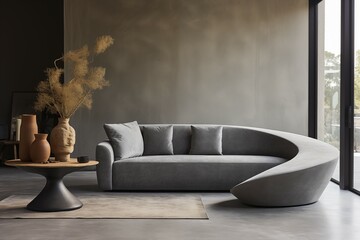 Urban Escape. Luxurious Gray Velvet Sofa and Modern Side Table with a Single Plant