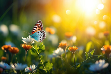 Fototapeta na wymiar Butterfly on wildflowers in spring