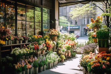 Cozy street with flower shop, beautiful flower shop with spring flowers