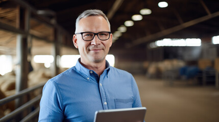 Fototapeta premium Mature man focusing on a tablet inside a barn with cows in the background, depicting modern farming management.