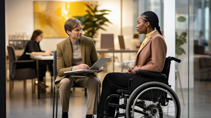 Woman in a wheelchair and a man sitting at a desk in a well-lit, modern office environment, actively engaged in a collaborative discussion