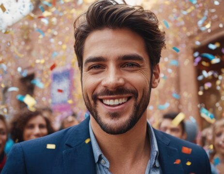 Festive portrait of a happy young man in confetti