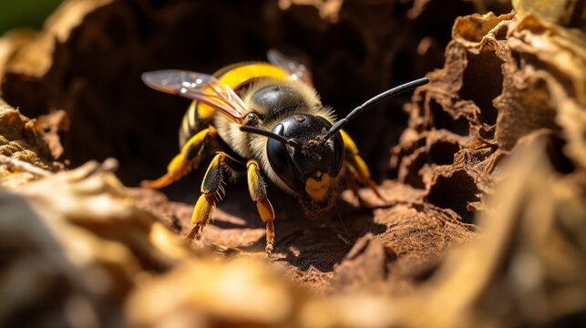 A wild bee in her nest, macro shot created with Generative Ai