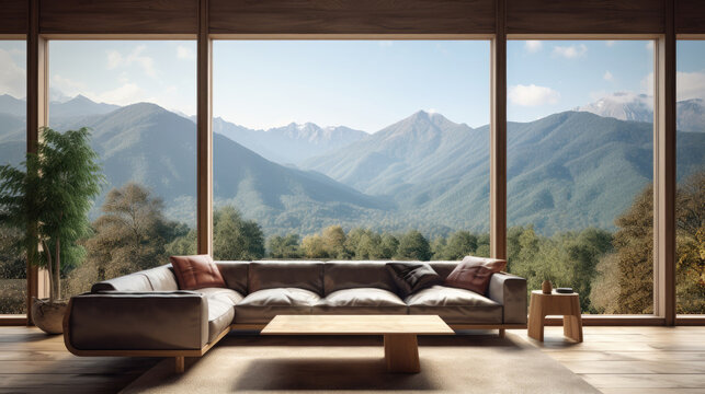 Modern stylish living room with large windows and views of the mountain landscape