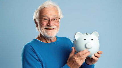 Cheerful senior man holding a piggy bank, symbolizing savings and financial security in retirement.