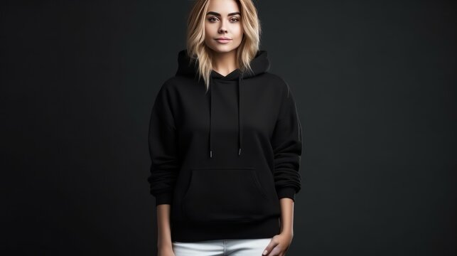 Handsome young  white  female wearing black blank cotton hoodie with space for your logo or design, generative ai