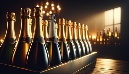 Elegant champagne bottles lined up with bokeh lights and warm ambiance