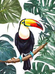 Toucan on a branch with tropical leaves. Watercolor illustration