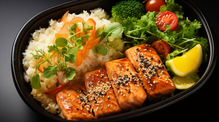 Food top view photography of a Lunch box containers with grilled salmon fish fillet, cheese bowl...