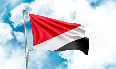 Sealand Principality flag waving on sky background. 3D Rendering