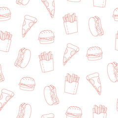 Seamless pattern with line art hot dog, burger, french fries and pizza. Red doodle elements on white background. Vector illustration