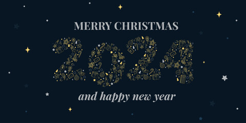 Fototapeta na wymiar Vector greeting card Merry Christmas and Happy New Year 2024. Design of numbers on dark blue background with golden symbols of Holidays. Trendy winter banner or poster template