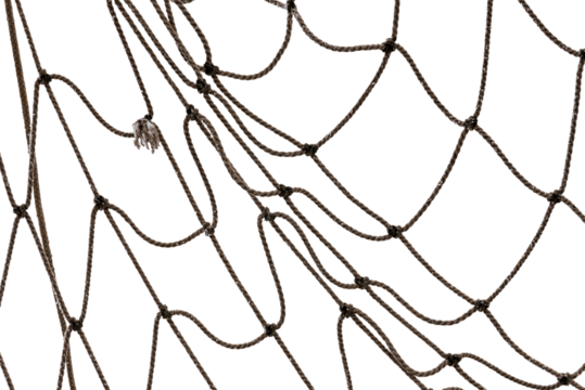 Icy mesh made of rope in the snow on a white background. Torn fishing, football, tennis net isolate