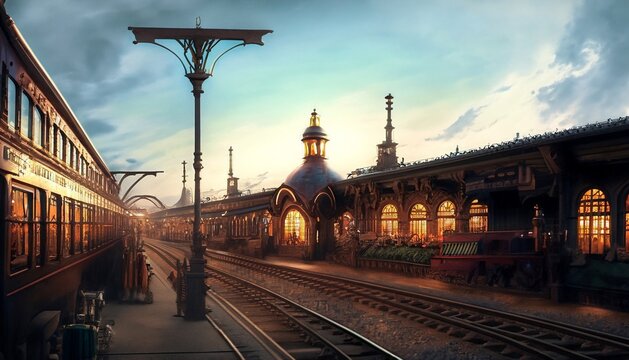 steampunk train station illustration suitable for background or banner