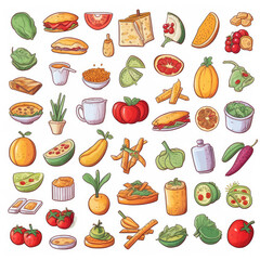 sheet of food clipart on white background, vector style --stylize 750 --v 5.1 Job ID: 6e54b24c-433f-4b2a-ba48-21d79f8c7f3f