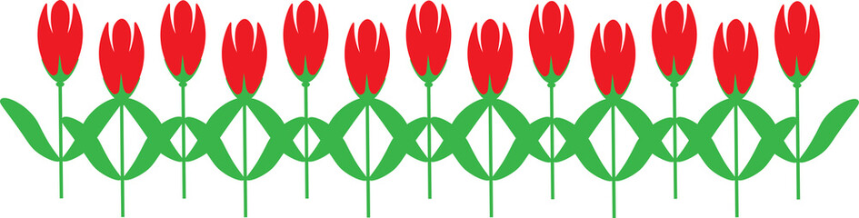 A pattern of red tulips with green leaves