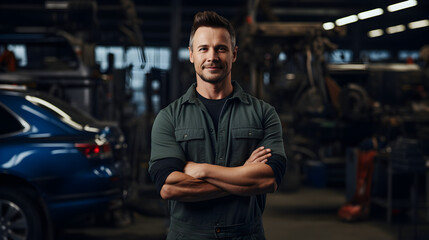 Mechanic at the garage, Garage Owner Standing Confidently