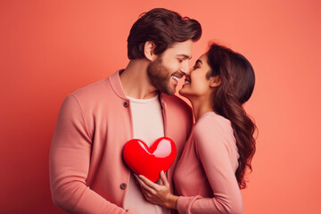 Fototapeta na wymiar Caucasian couple on Valentine's day. Woman and man give heart to each other. Showing love and affection. Celebration love.